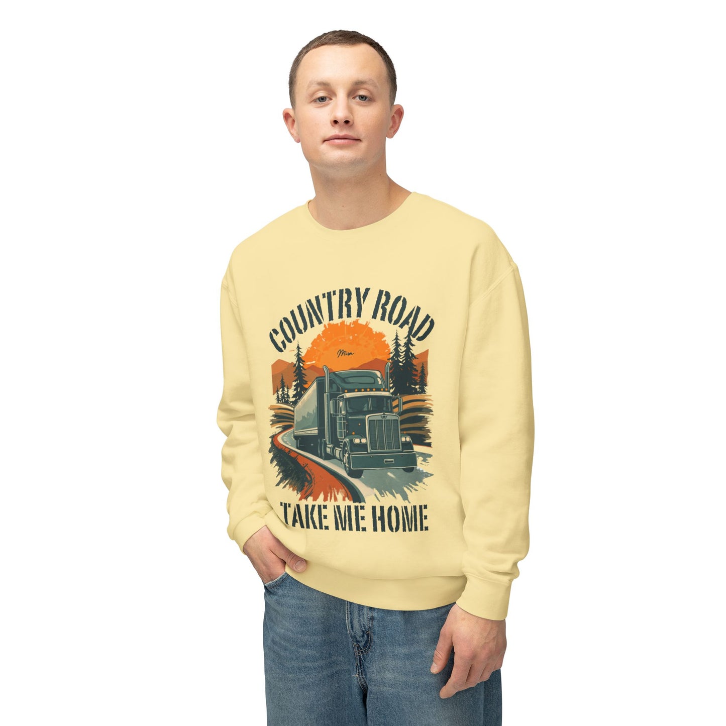 Country Road Truck Sweatshirt — "Country Road Take Me Home" Vintage Semi Truck Crewneck