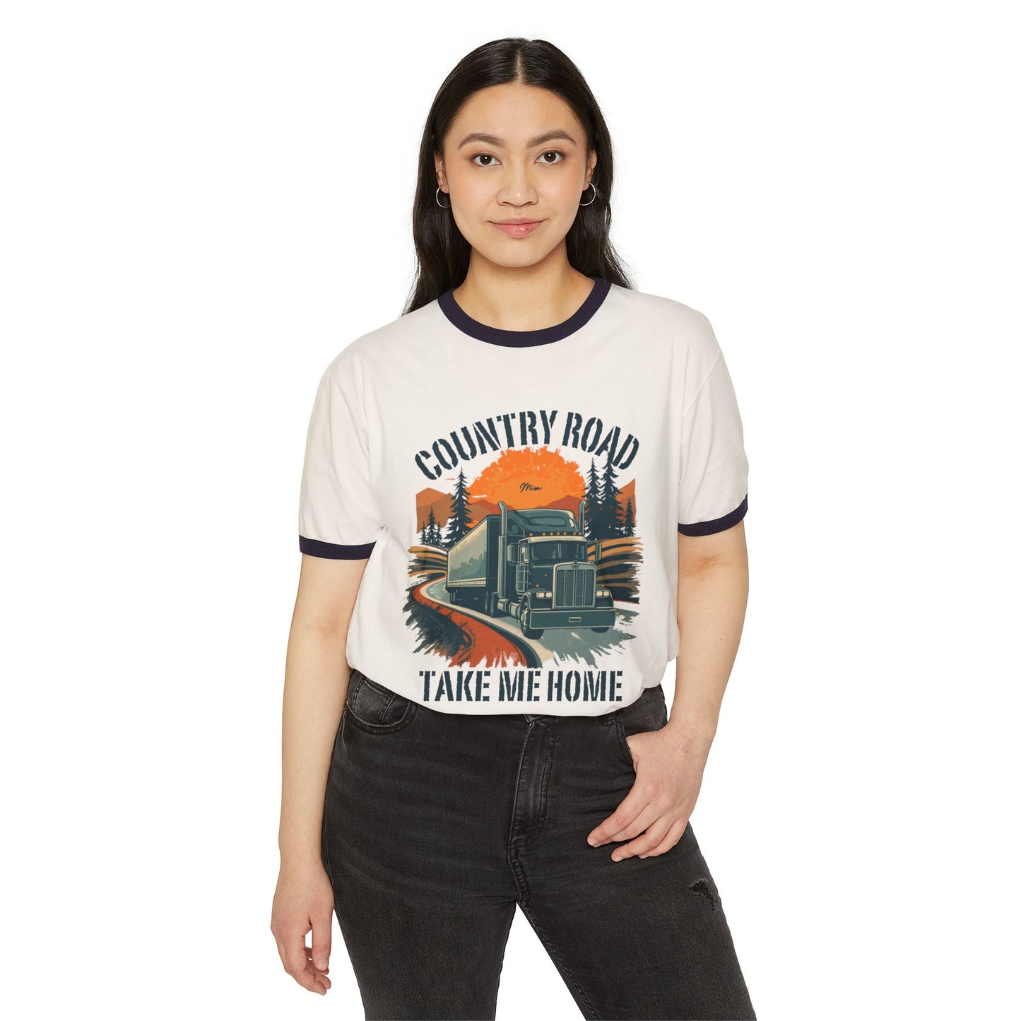 Country Road Trucker Ringer Tee — 'Country Road Take Me Home' Vintage Semi Truck T-Shirt