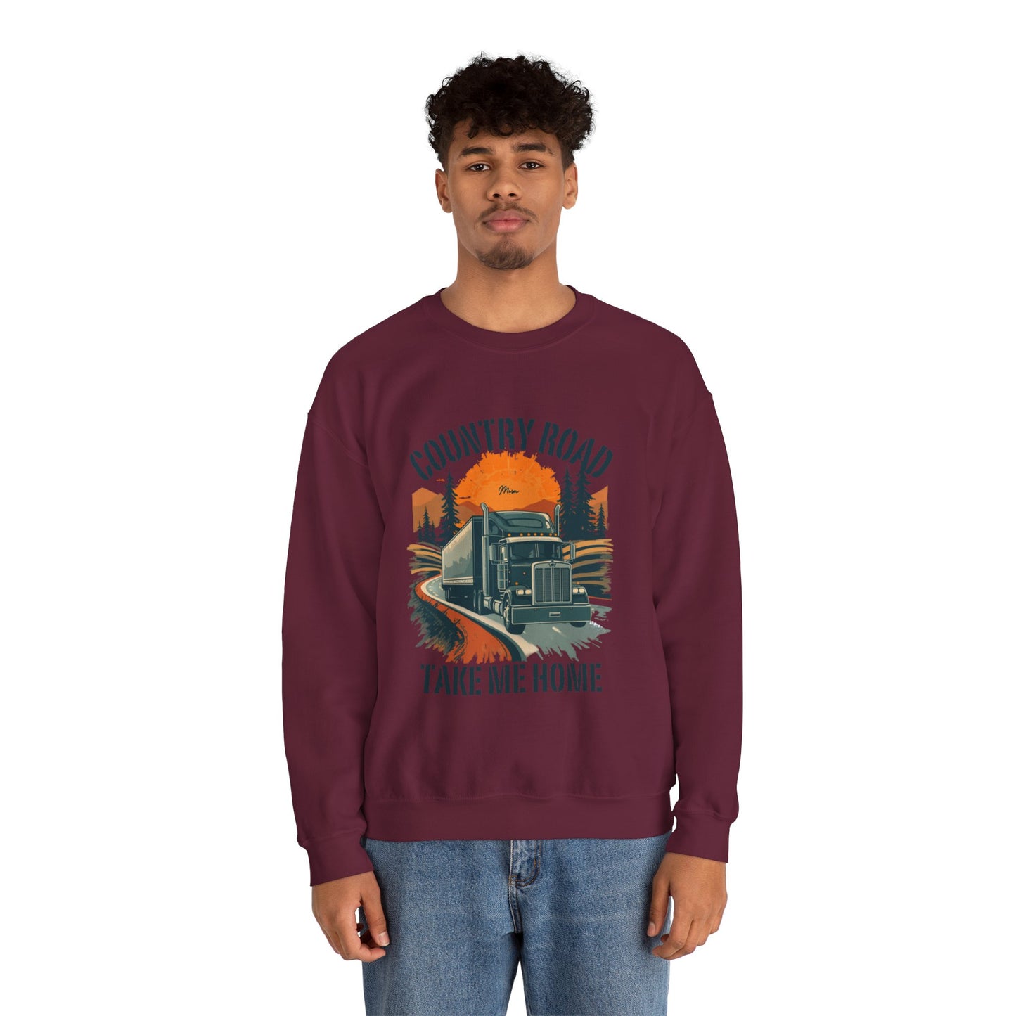 Crewneck Sweatshirt — "Country Road Take Me Home" Trucking Sunset Graphic