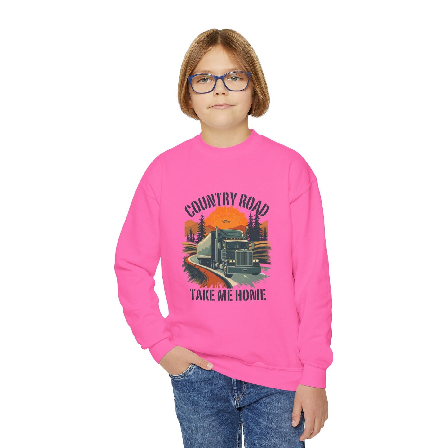 Youth Crewneck Sweatshirt — Retro 'Country Road Take Me Home' Truck Graphic