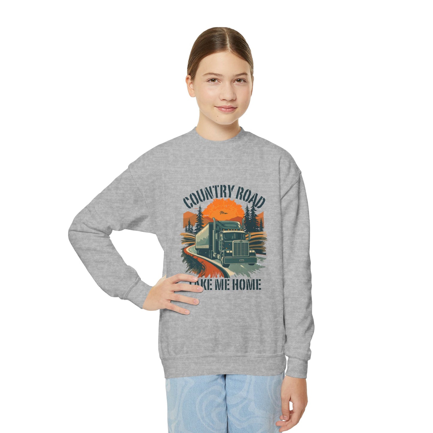 Youth Crewneck Sweatshirt — Retro 'Country Road Take Me Home' Truck Graphic