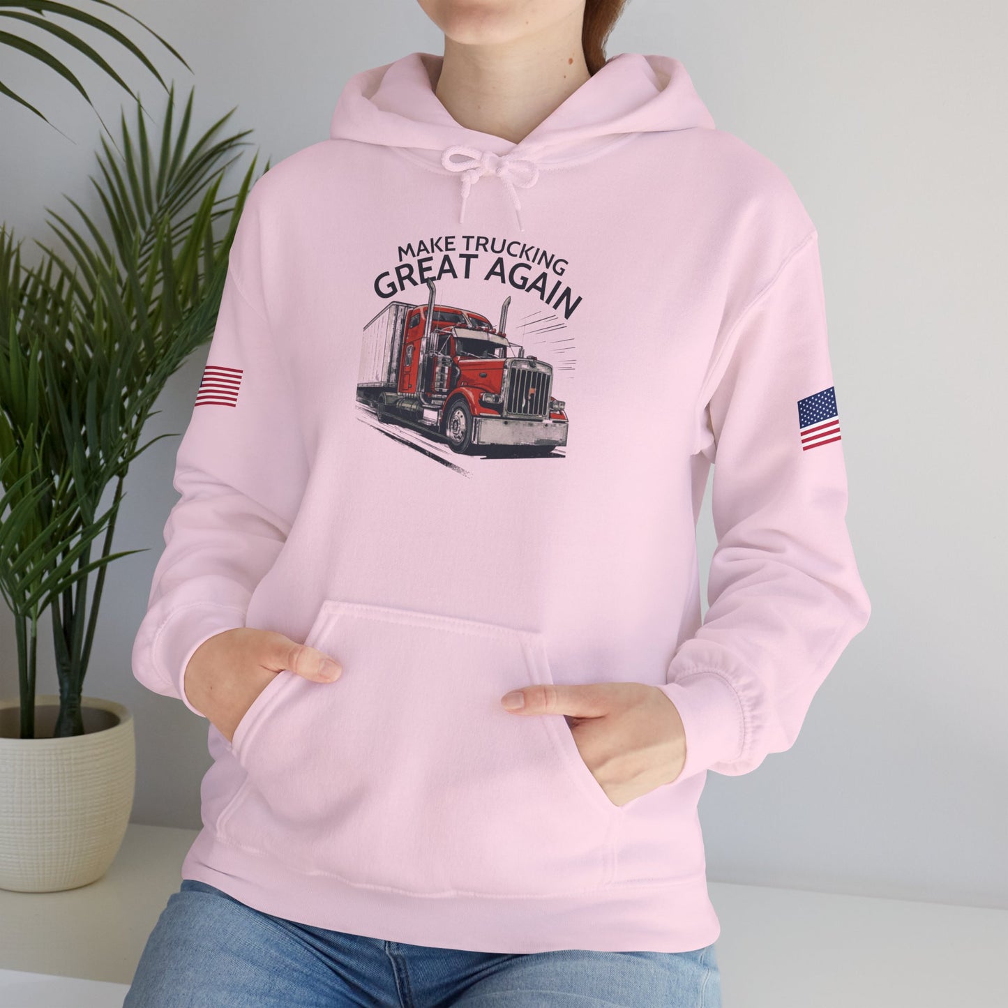 Trucker Hoodie - "Make Trucking Great Again" American Flag Sleeves