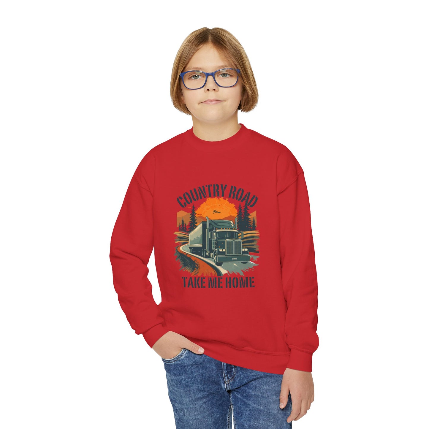 Youth Crewneck Sweatshirt — Retro 'Country Road Take Me Home' Truck Graphic