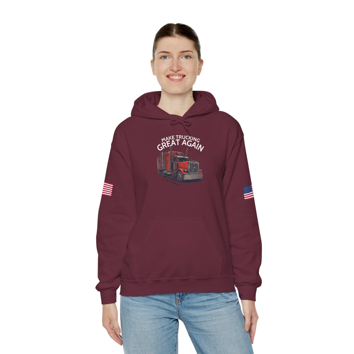 Make Trucking Great Again Hoodie — American Flag Sleeves, Trucker Semi Truck Sweatshirt