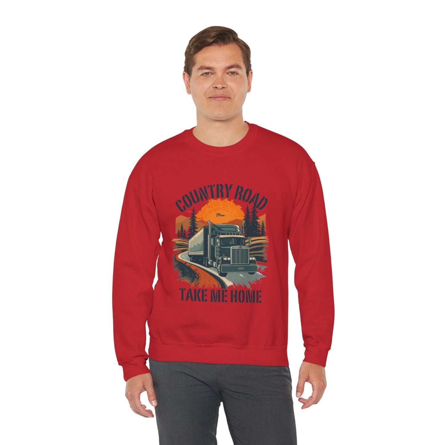 Crewneck Sweatshirt — "Country Road Take Me Home" Trucking Sunset Graphic