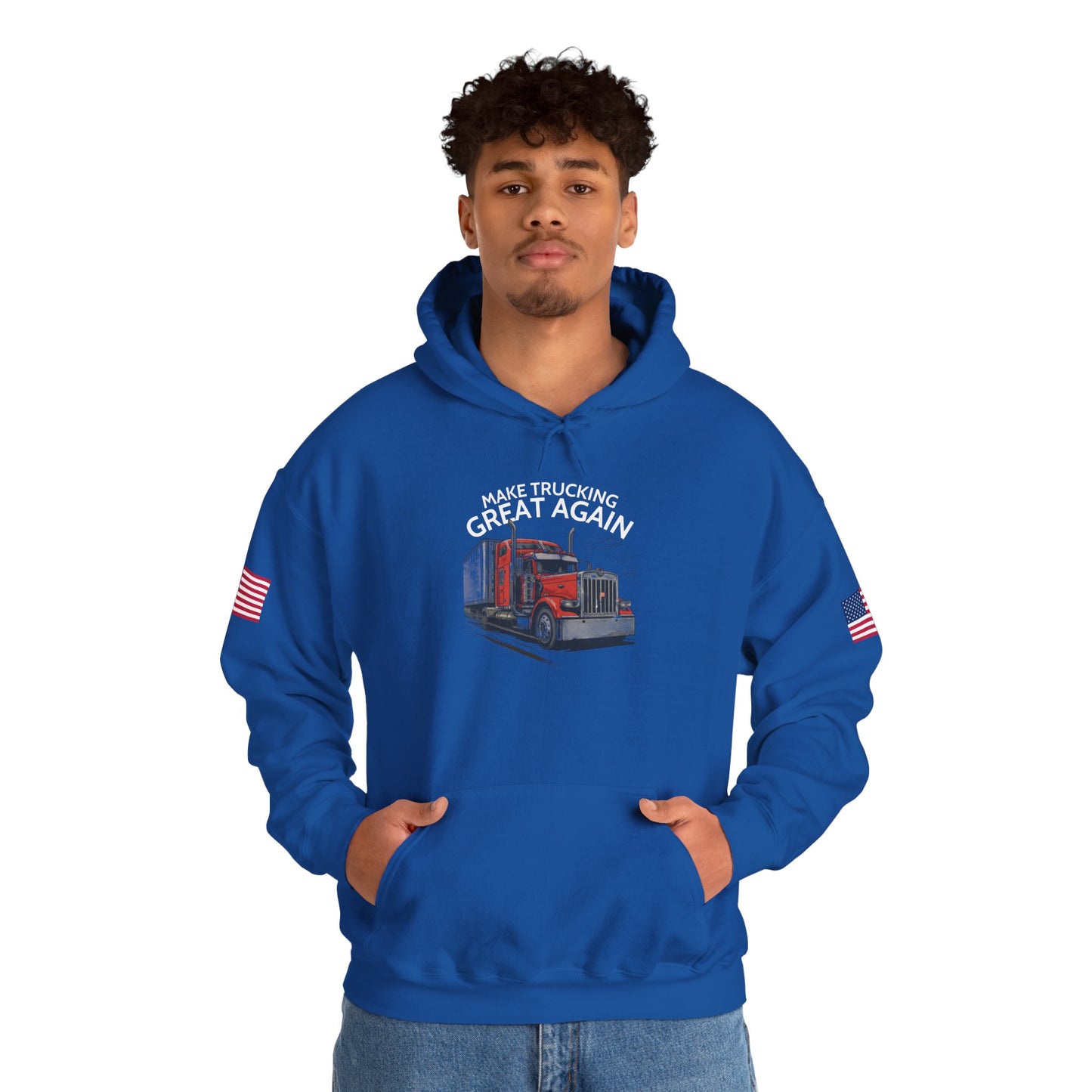 Make Trucking Great Again Hoodie — American Flag Sleeves, Trucker Semi Truck Sweatshirt