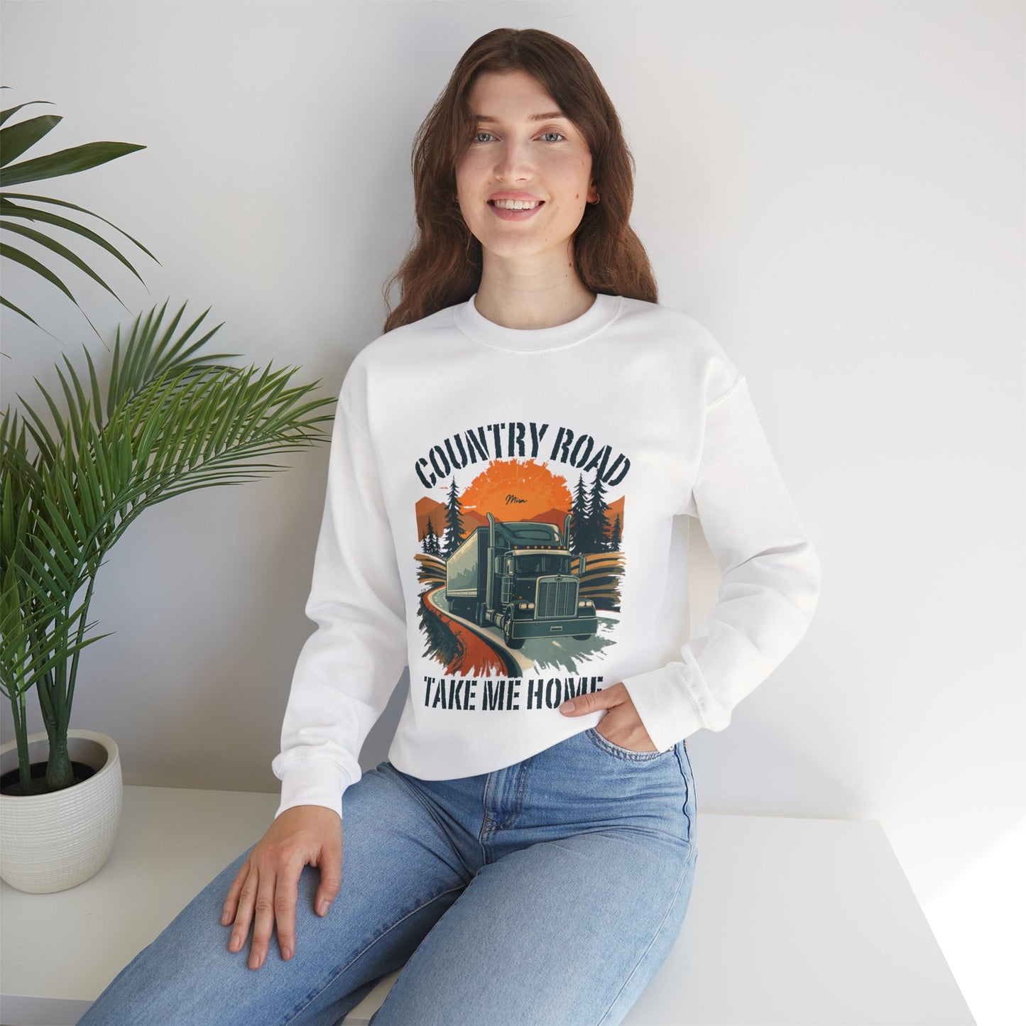 Crewneck Sweatshirt — "Country Road Take Me Home" Trucking Sunset Graphic