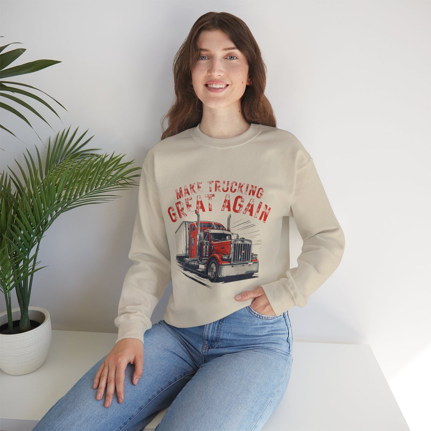Crewneck Sweatshirt — "Make Trucking Great Again" Vintage Semi Tractor Graphic