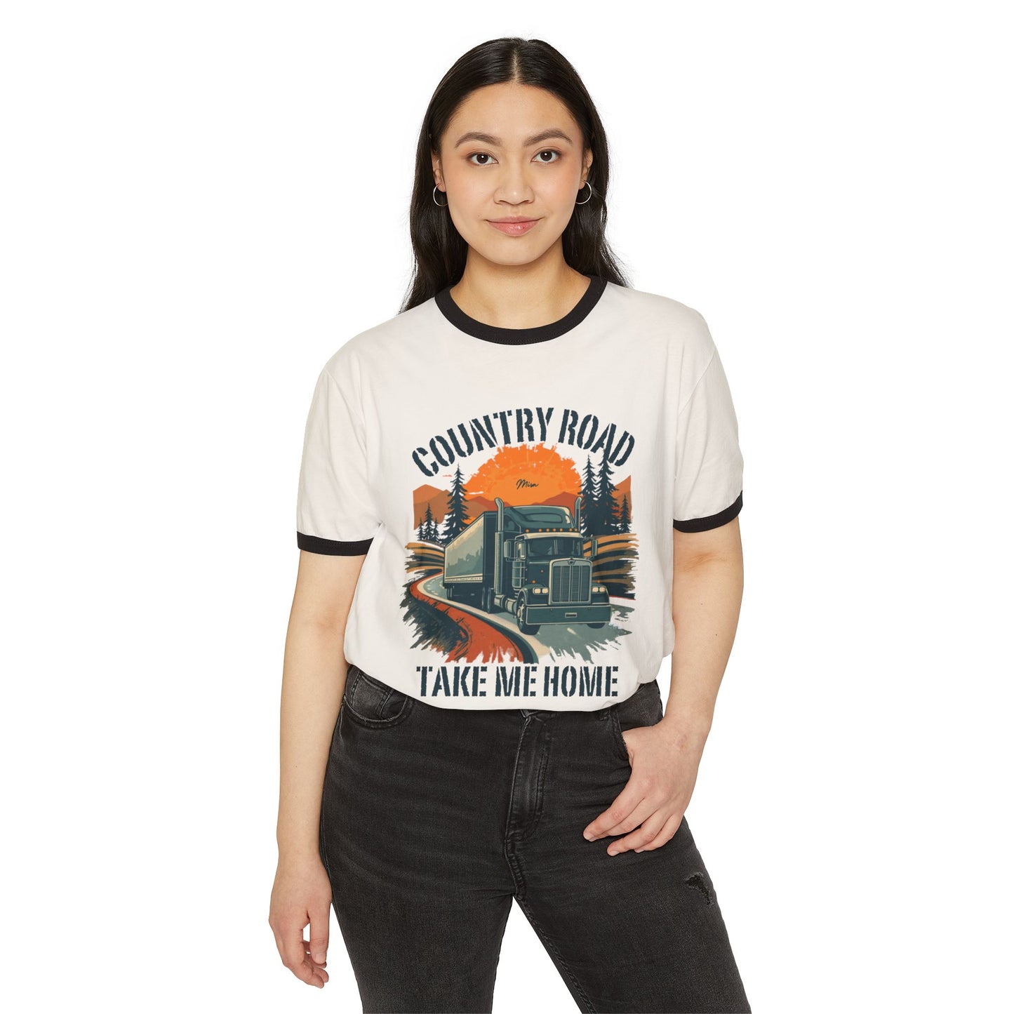 Country Road Trucker Ringer Tee — 'Country Road Take Me Home' Vintage Semi Truck T-Shirt