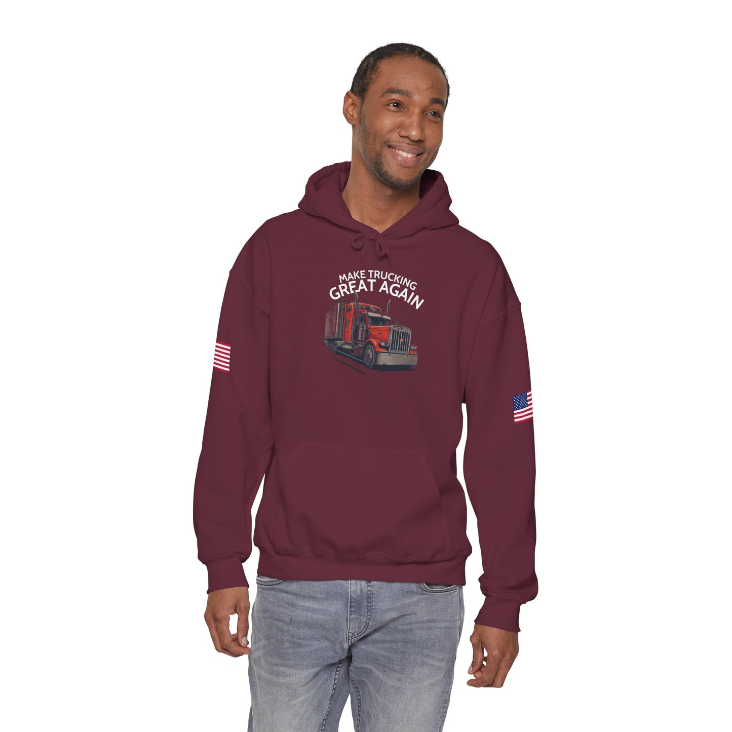 Make Trucking Great Again Hoodie — American Flag Sleeves, Trucker Semi Truck Sweatshirt
