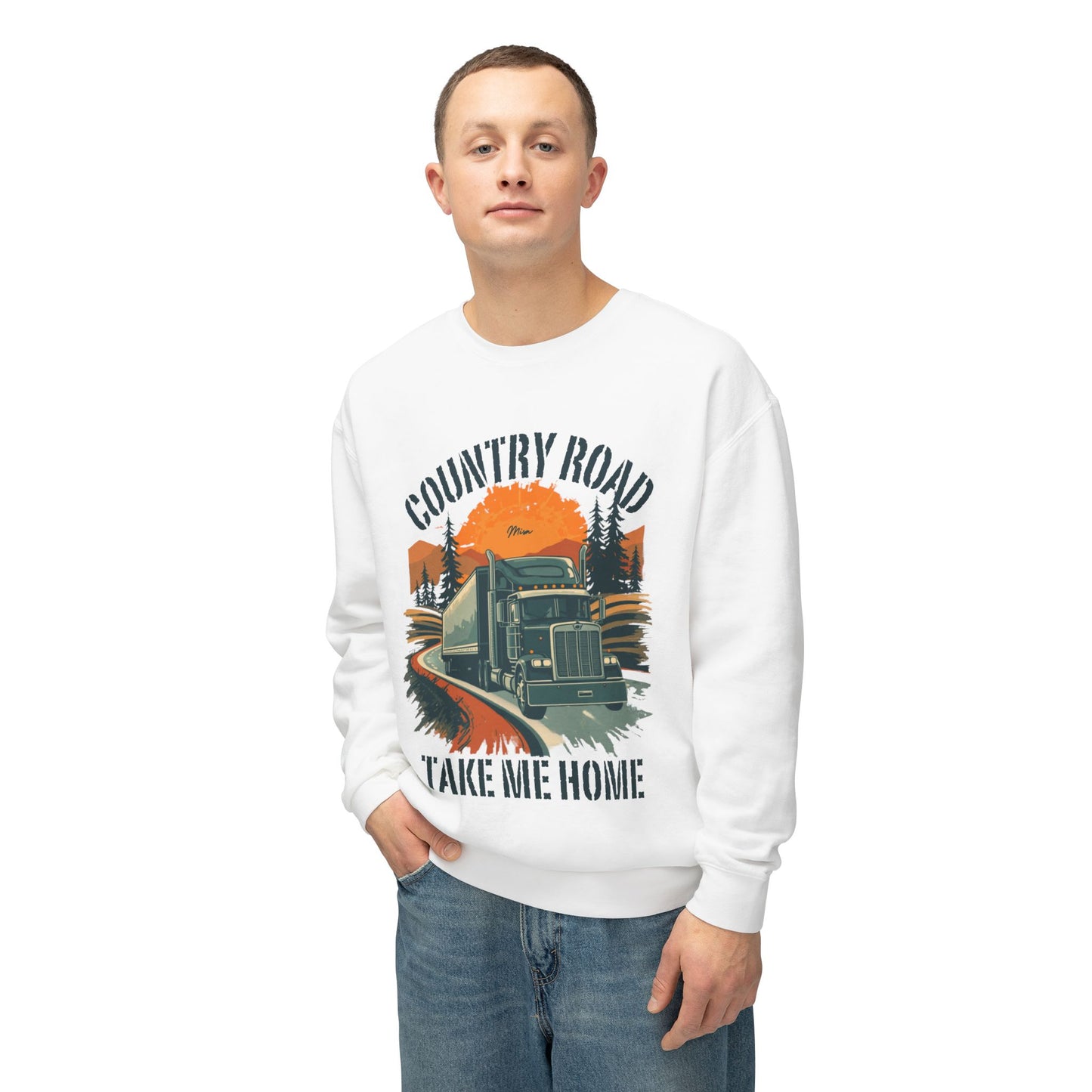 Country Road Truck Sweatshirt — "Country Road Take Me Home" Vintage Semi Truck Crewneck