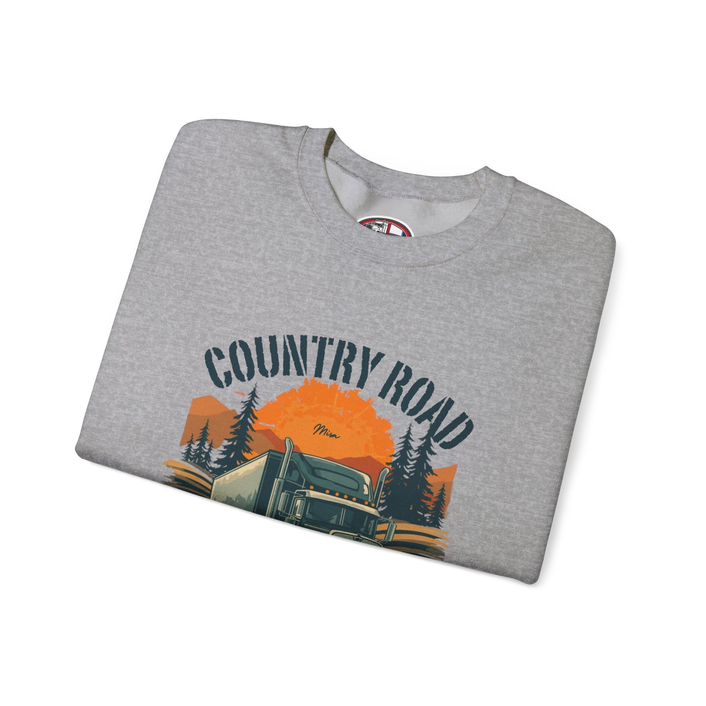 Crewneck Sweatshirt — "Country Road Take Me Home" Trucking Sunset Graphic