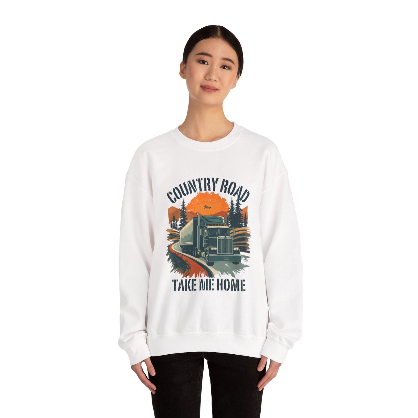 Crewneck Sweatshirt — "Country Road Take Me Home" Trucking Sunset Graphic
