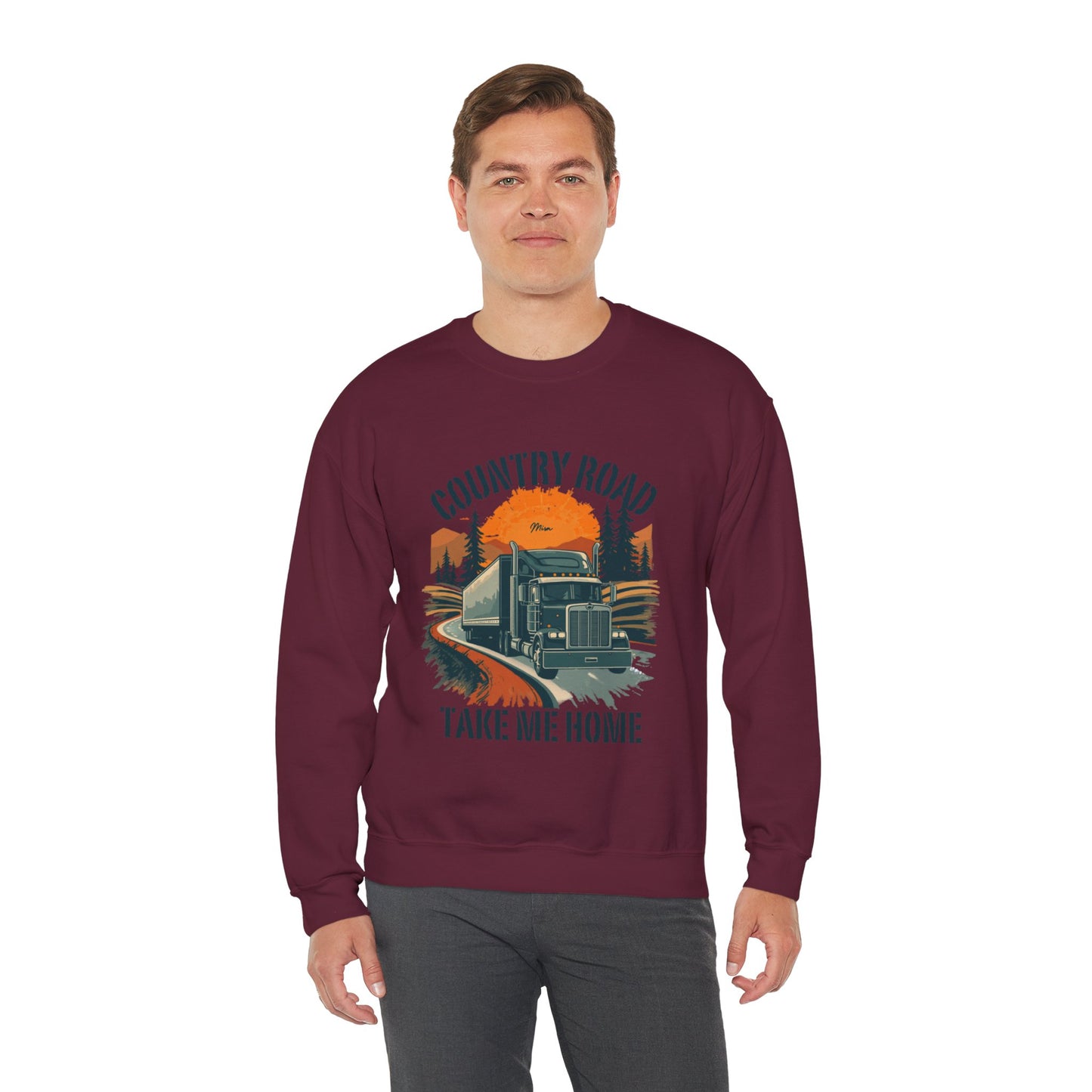 Crewneck Sweatshirt — "Country Road Take Me Home" Trucking Sunset Graphic