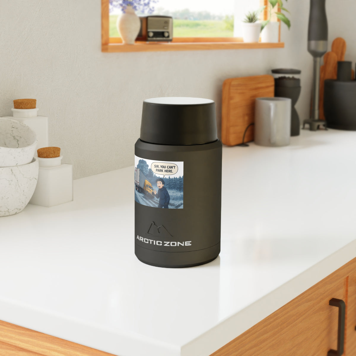 Titan Copper Insulated Food Storage by Printify, durable thermal container with humorous design, black color, 16 oz capacity.