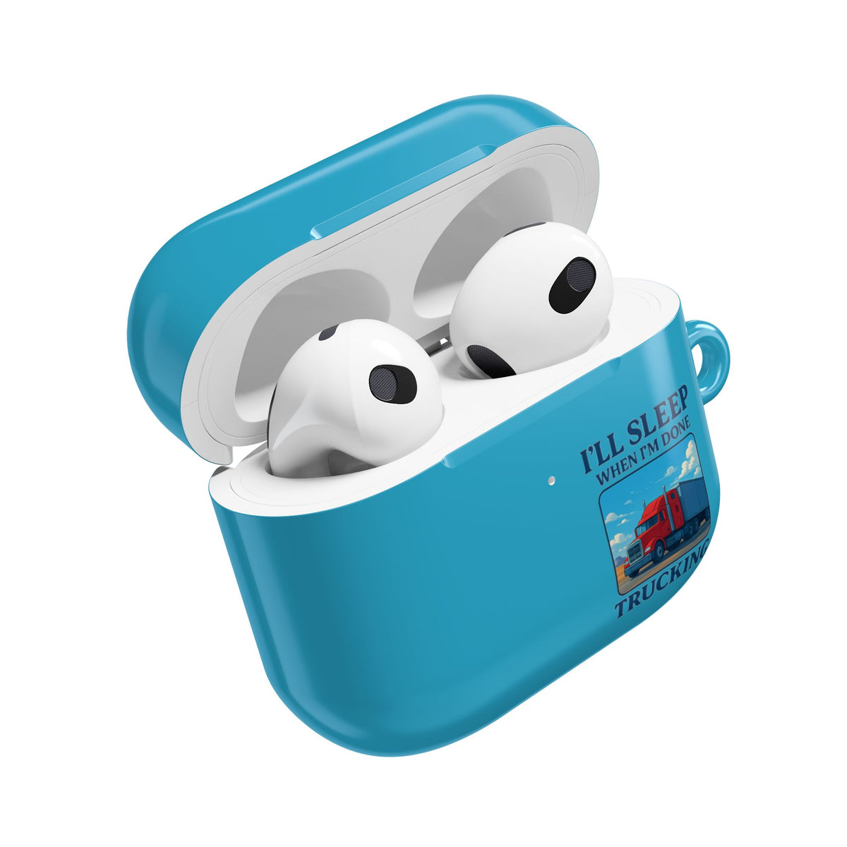 White glossy AirPods Gen 3 case featuring a truck driver design with "I'll Sleep When I'm Done" text, accessory by Printify.