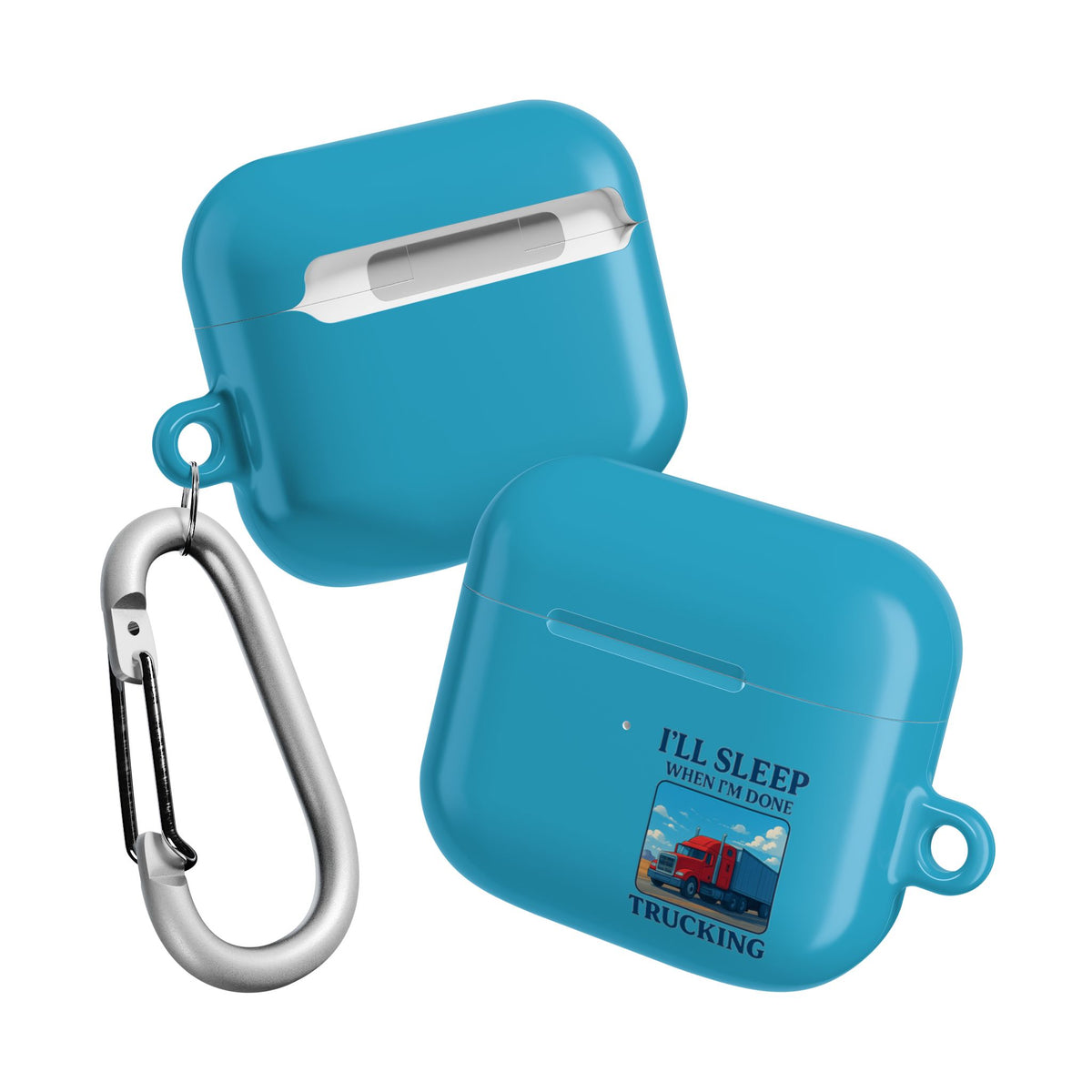 White glossy AirPod case featuring a truck driver design and the phrase "I'll Sleep When I'm Done" by Printify.