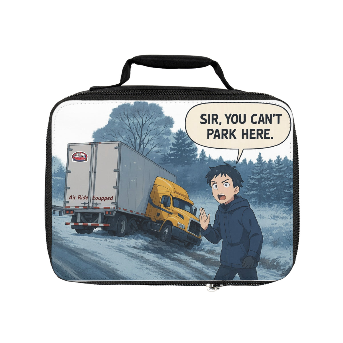 Black cartoon lunch bag by Printify featuring humorous "Sir, You Can't Park Here!" design, perfect for carrying lunch.