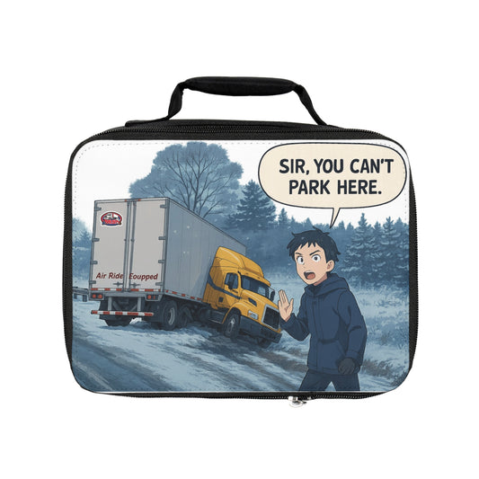 Black cartoon lunch bag by Printify featuring humorous "Sir, You Can't Park Here!" design, perfect for carrying lunch.