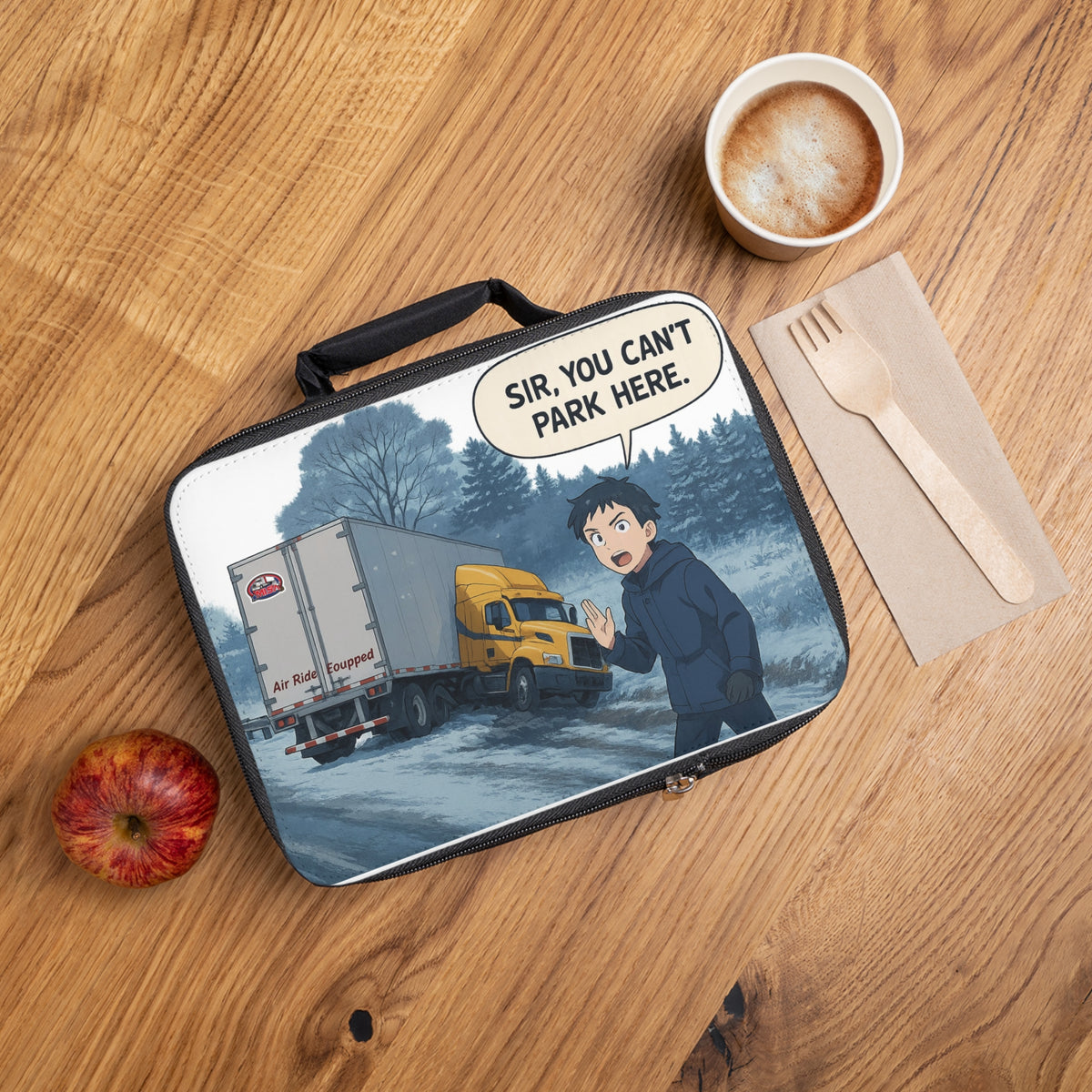 Funny cartoon lunch bag by Printify featuring a humorous 'Sir, You Can't Park Here!' design in black, perfect for accessories.