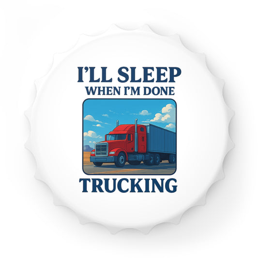 White truck driver bottle opener accessory with "I'll Sleep When I'm Done Trucking" text, ideal for trucking enthusiasts.
