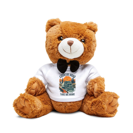 White plush teddy bear accessory wearing a 'Country Road Take Me Home' T-shirt, branded by Printify, soft and cuddly.