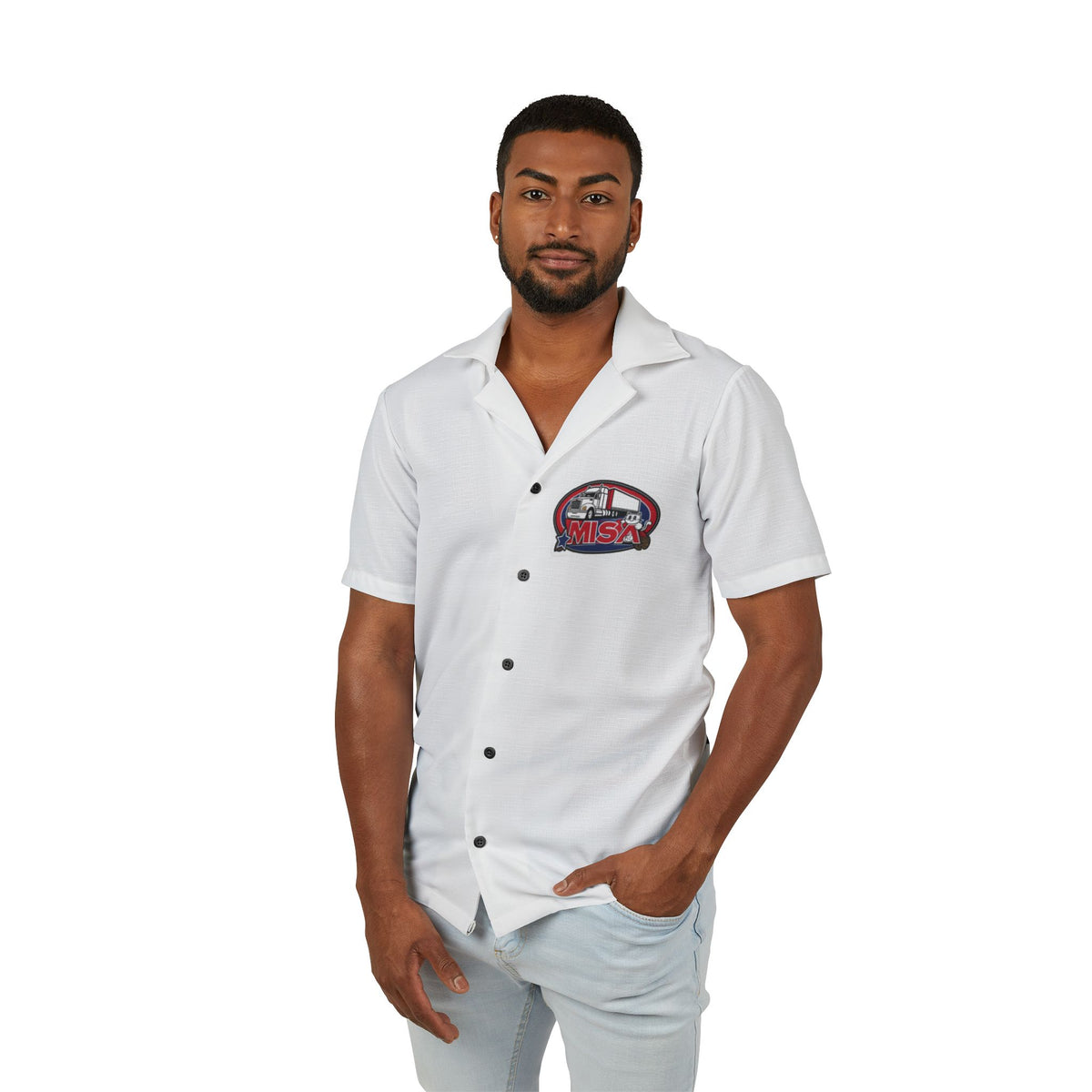 Men's Hawaiian camp shirt with all-over print design featuring "Sir, You Can't Park Here" motif by Printify.