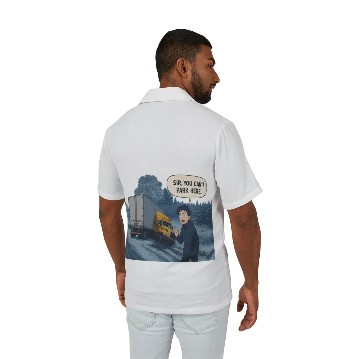 Men's Hawaiian camp shirt with all-over print featuring "Sir, You Can't Park Here" design by Printify, casual summer style.