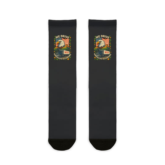 Printify patriotic sublimation crew socks with all-over American flag print, ideal for adventurers and holiday celebrations.