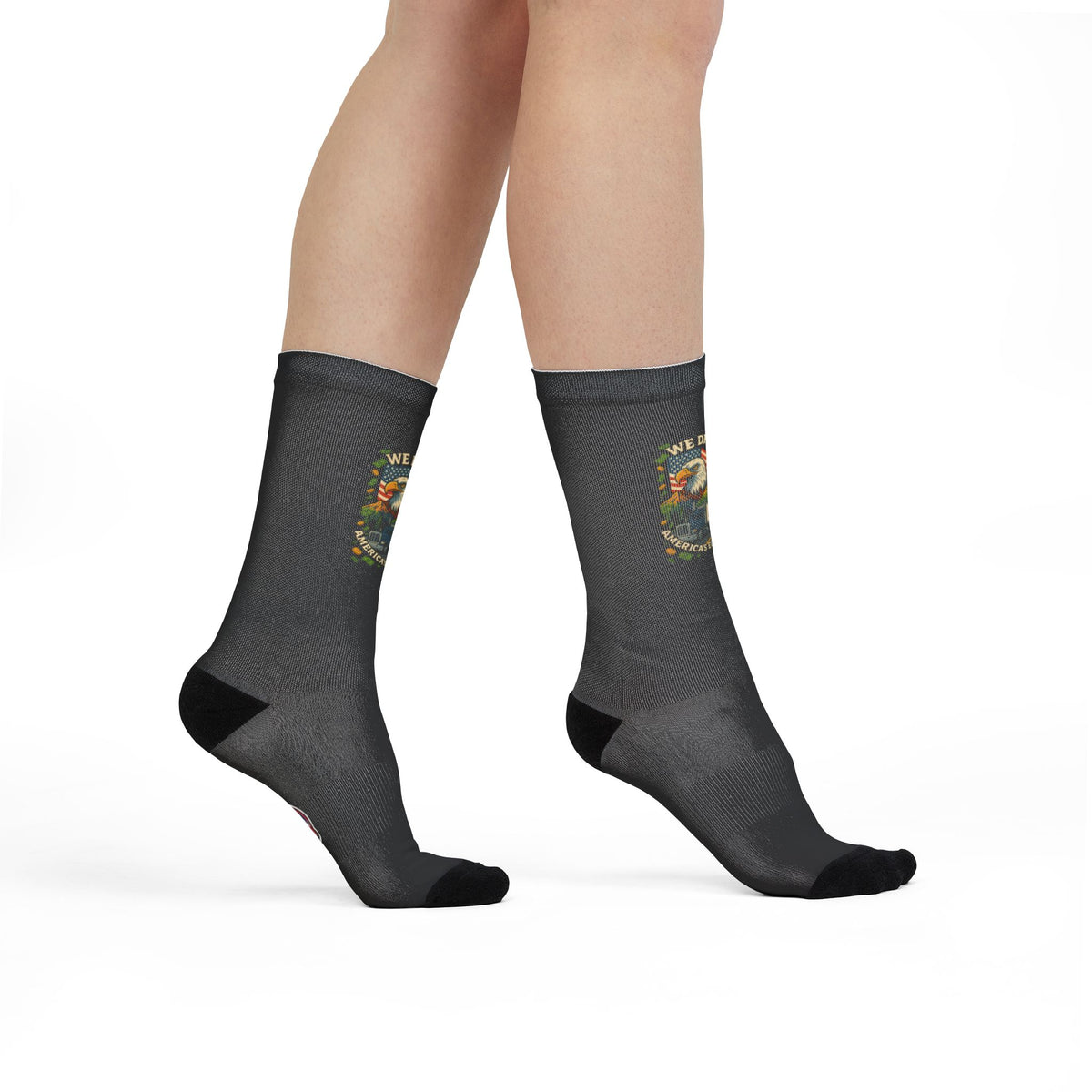 All-over patriotic sublimation crew socks by Printify with bold flag and holiday-themed design, perfect for adventures and celebrations.