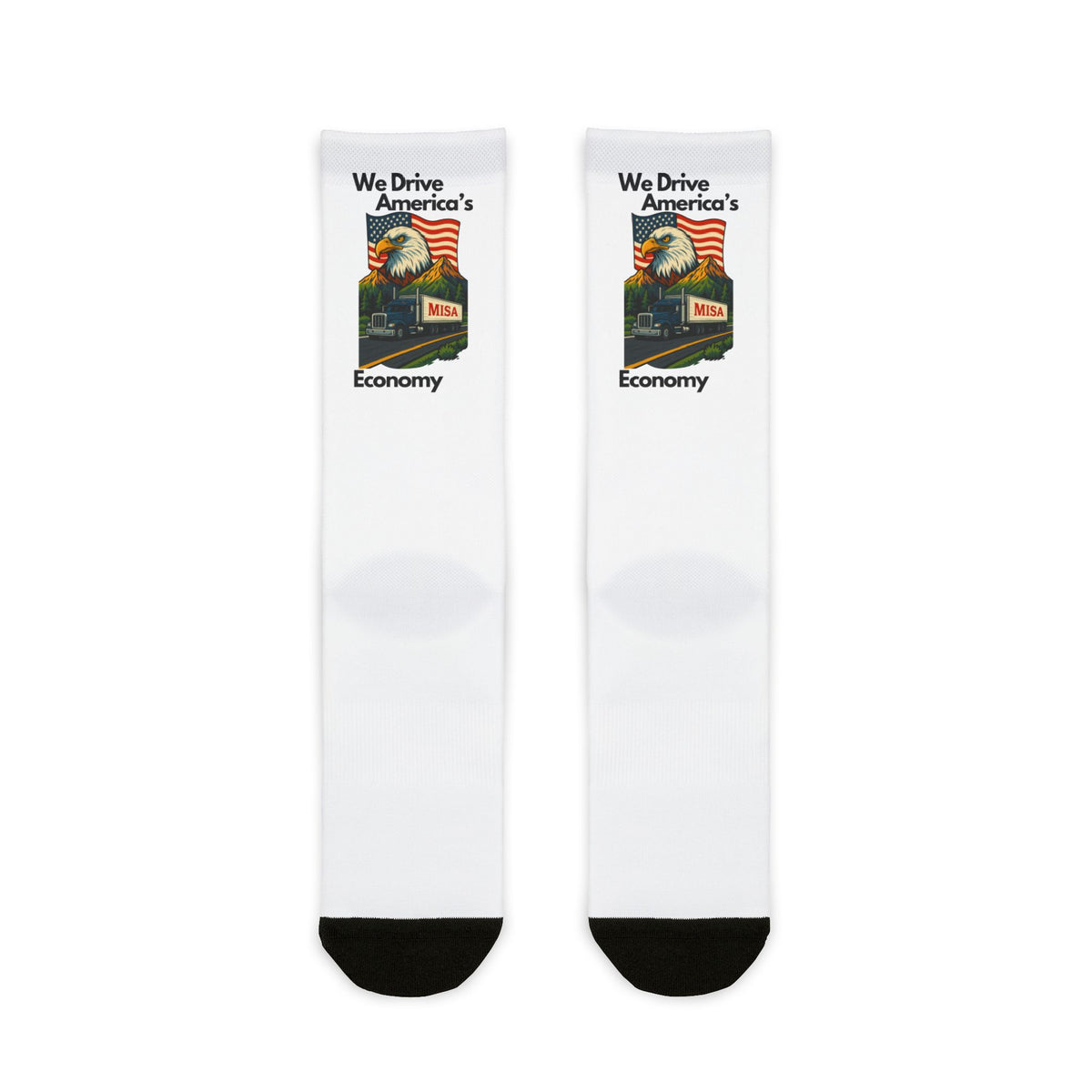 All-over print sublimation crew socks by Printify featuring a "We Drive America's Economy" design in vibrant colors.