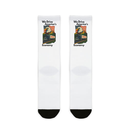 All-over print sublimation crew socks by Printify featuring a "We Drive America's Economy" design in vibrant colors.