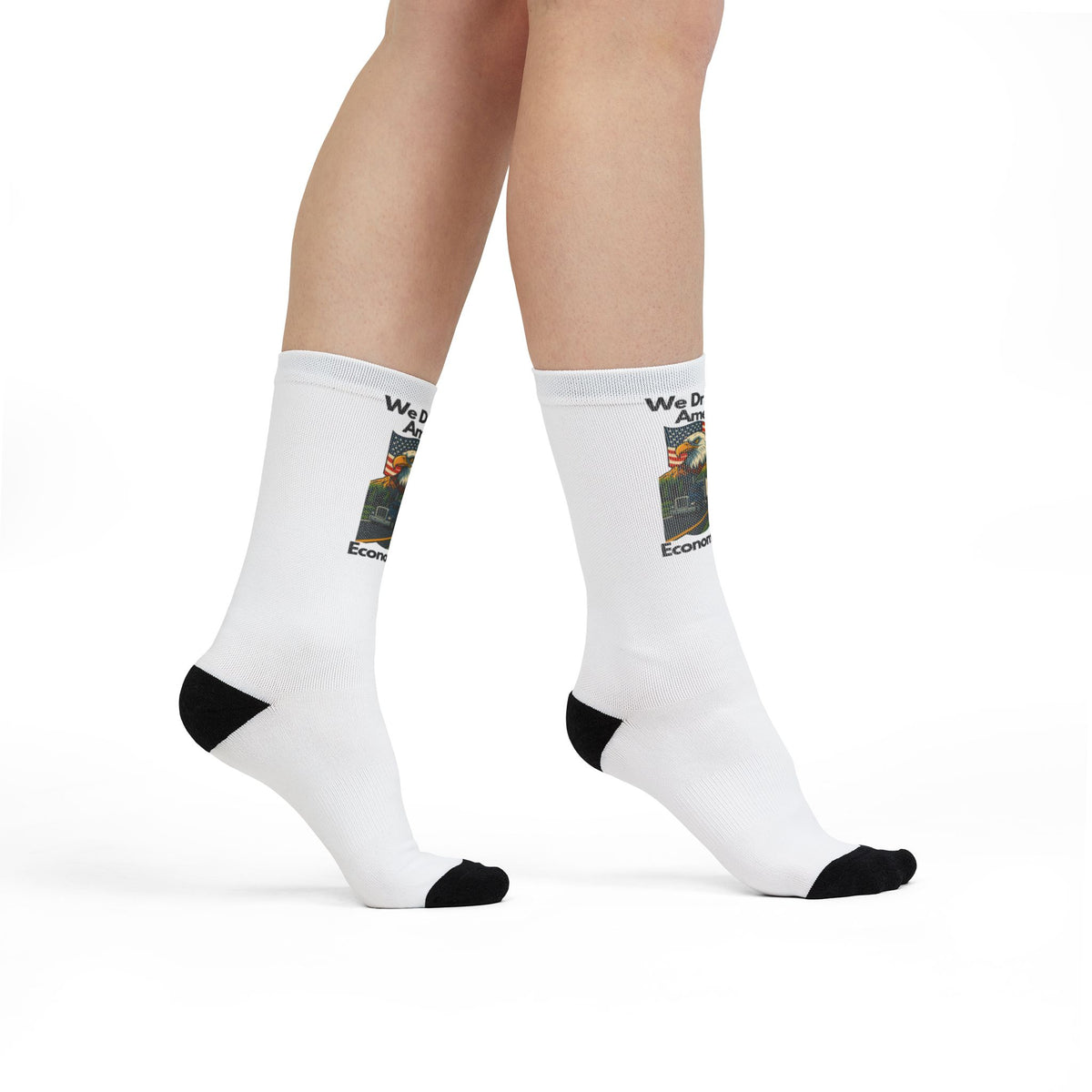 All-over print sublimation crew socks by Printify featuring "We Drive America's Economy" design in vibrant colors.