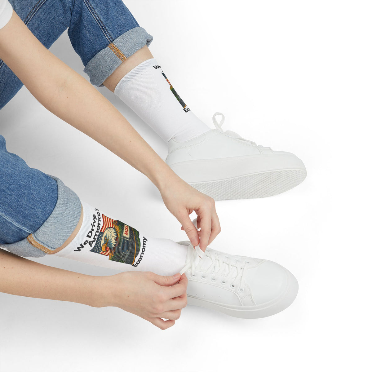 All-over print sublimation crew socks by Printify featuring a "We Drive America's Economy" design with vibrant, detailed graphics.