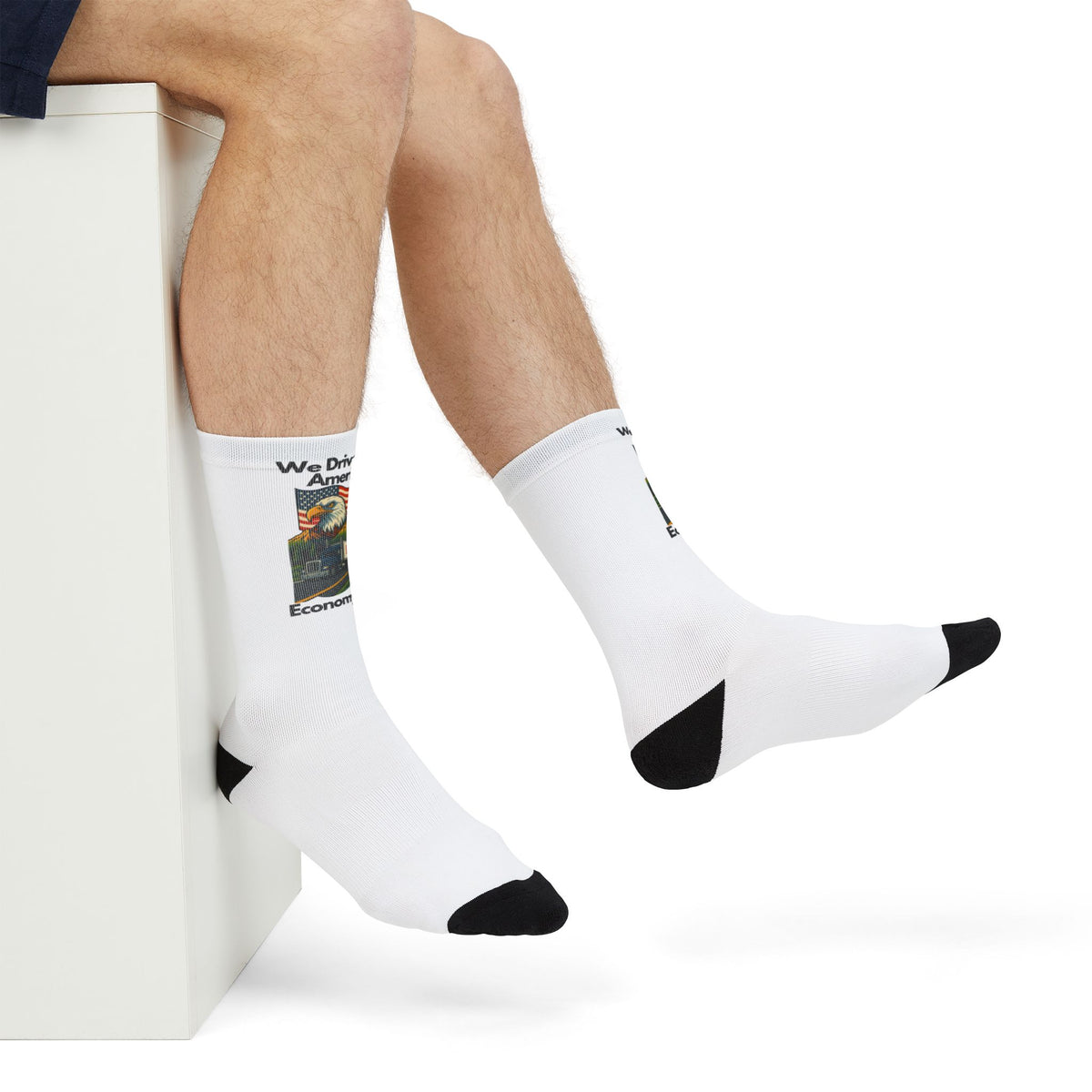 All over print sublimation crew socks by Printify featuring a "We Drive America's Economy" design with bold graphics.