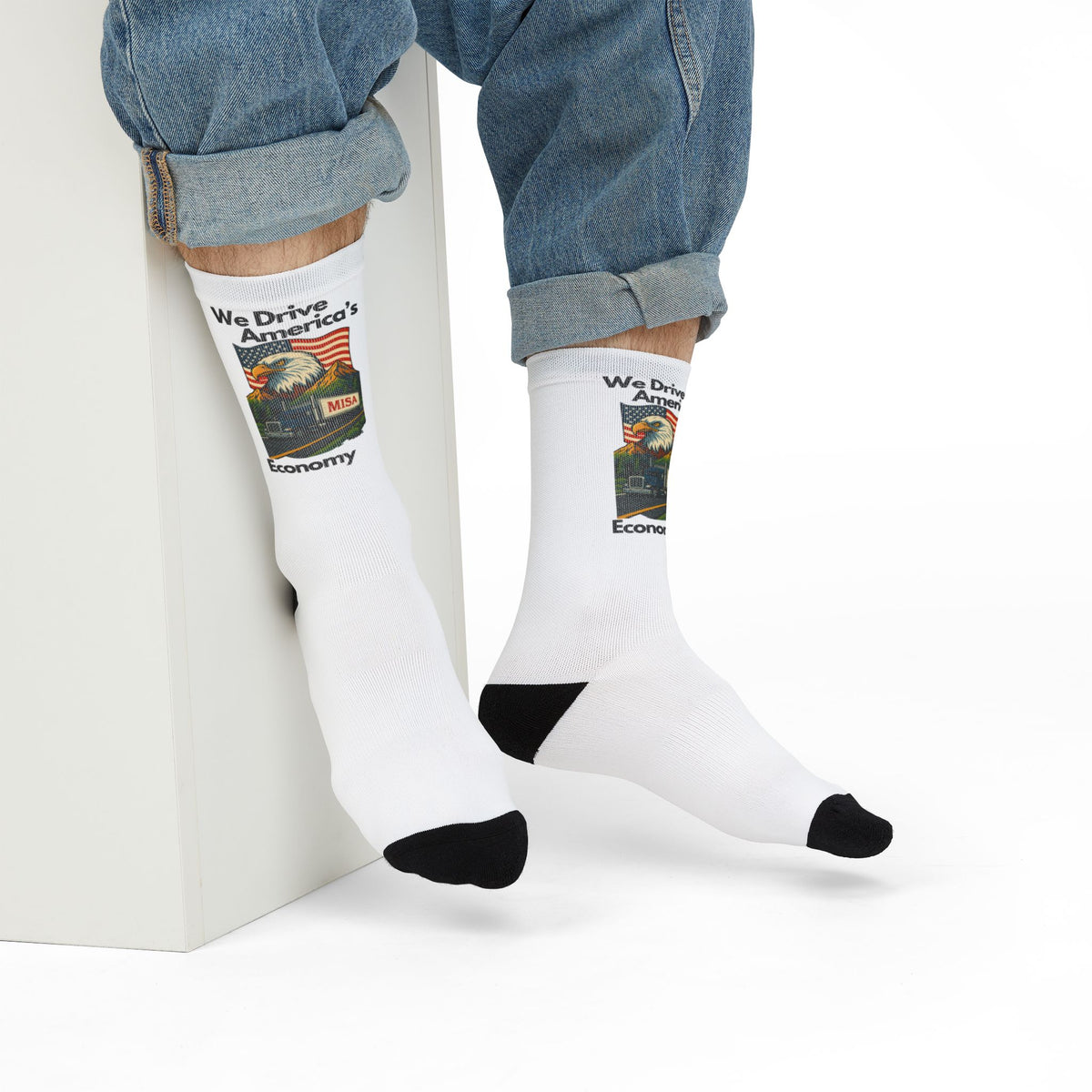 All-over print sublimation crew socks by Printify featuring "We Drive America's Economy" design in vibrant colors.