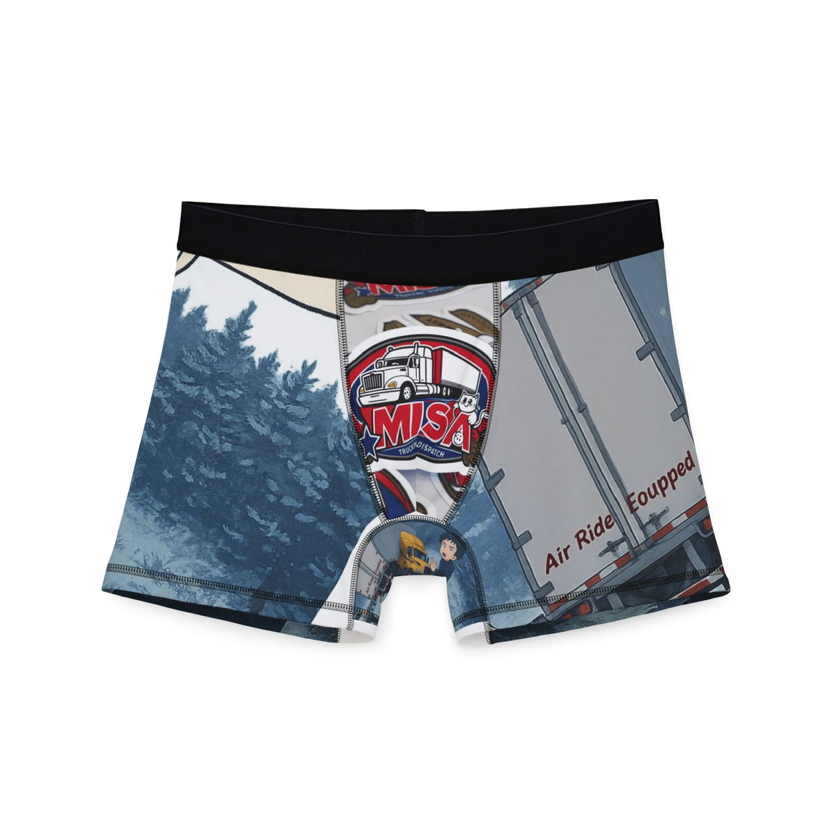 Cartoon truck adventure men's boxers with fun all-over print design from Printify, featuring colorful truck illustrations and black stitching.