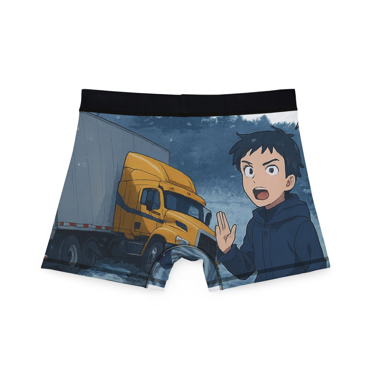Cartoon truck adventure men's boxers with all-over print design by Printify, featuring fun and unique truck illustrations.