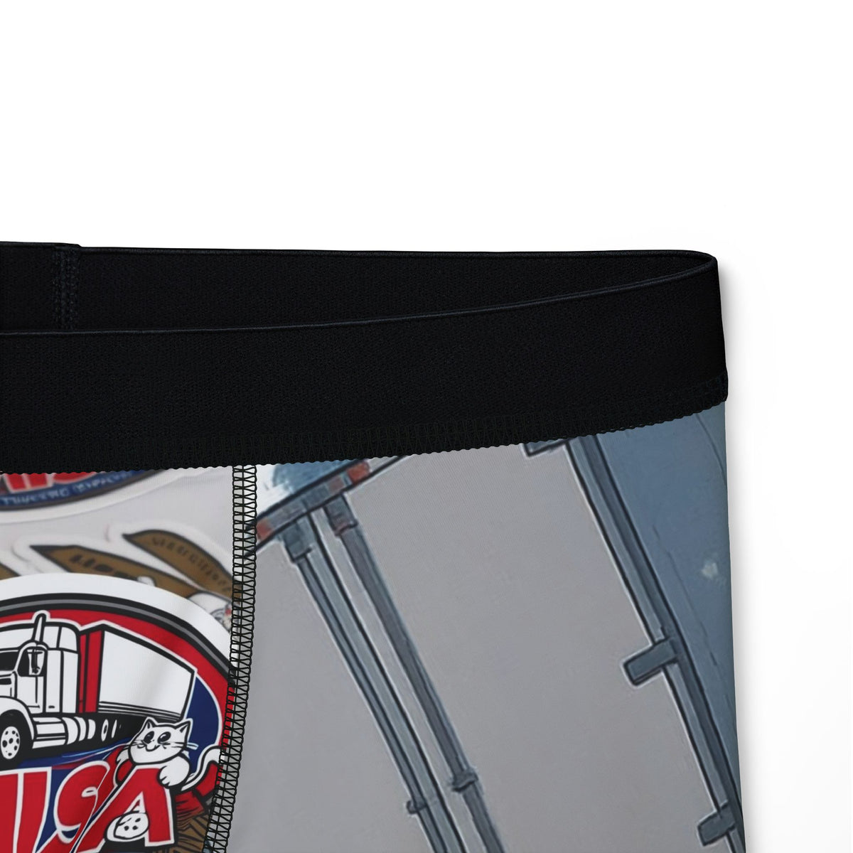 All-over print men's Cartoon Truck Adventure boxers by Printify featuring fun and unique cartoon truck design with black stitching.