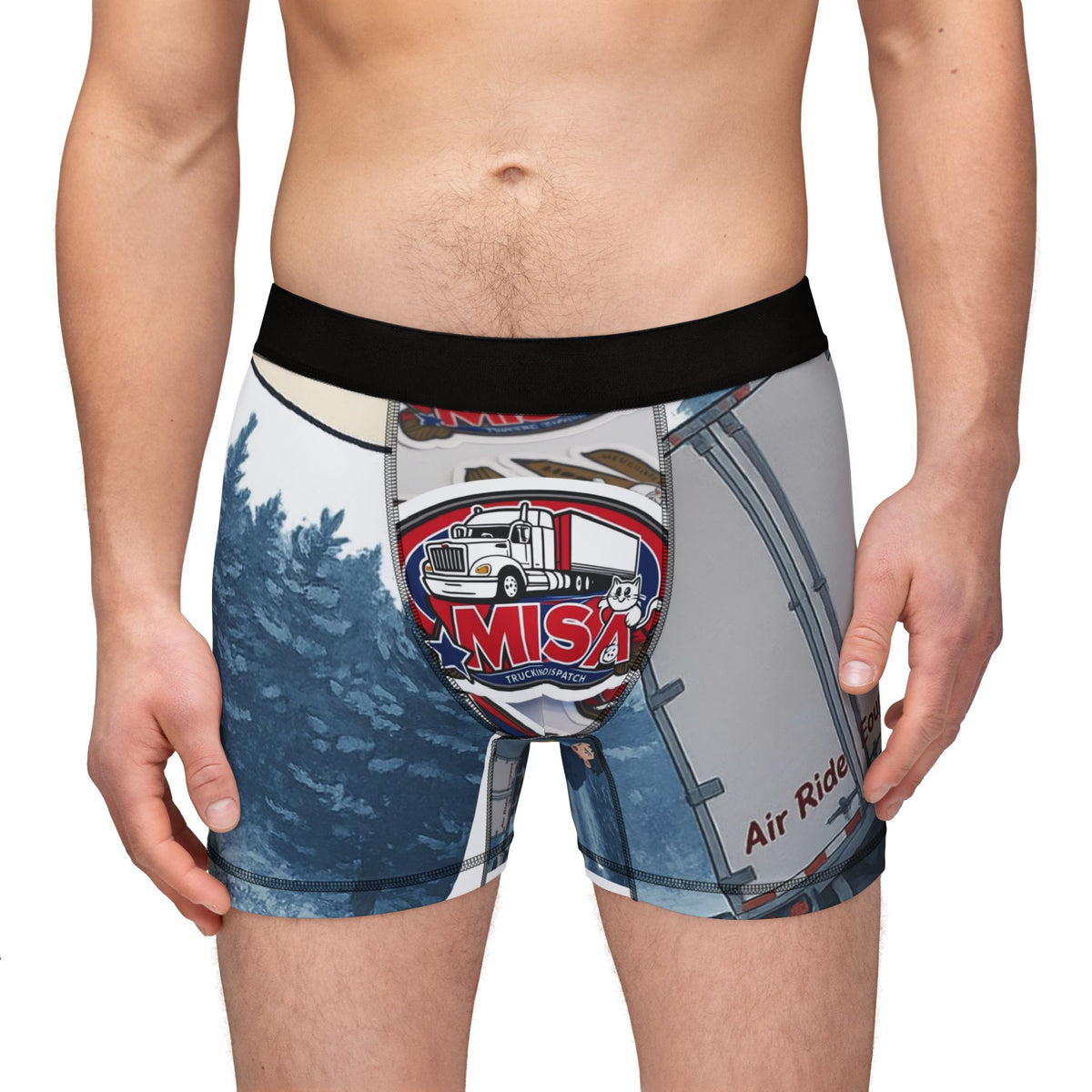 Cartoon Truck Adventure men's boxers with all-over print and fun, unique design featuring cartoon trucks, by Printify.