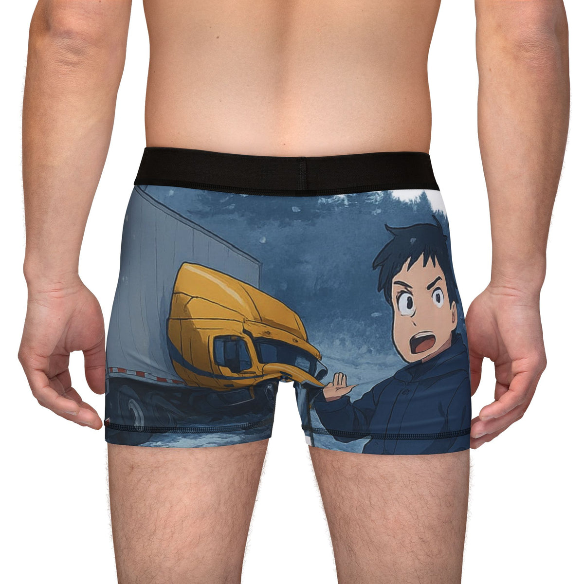 All over print men's boxers featuring a cartoon truck adventure design by Printify with black stitching, fun and unique style.