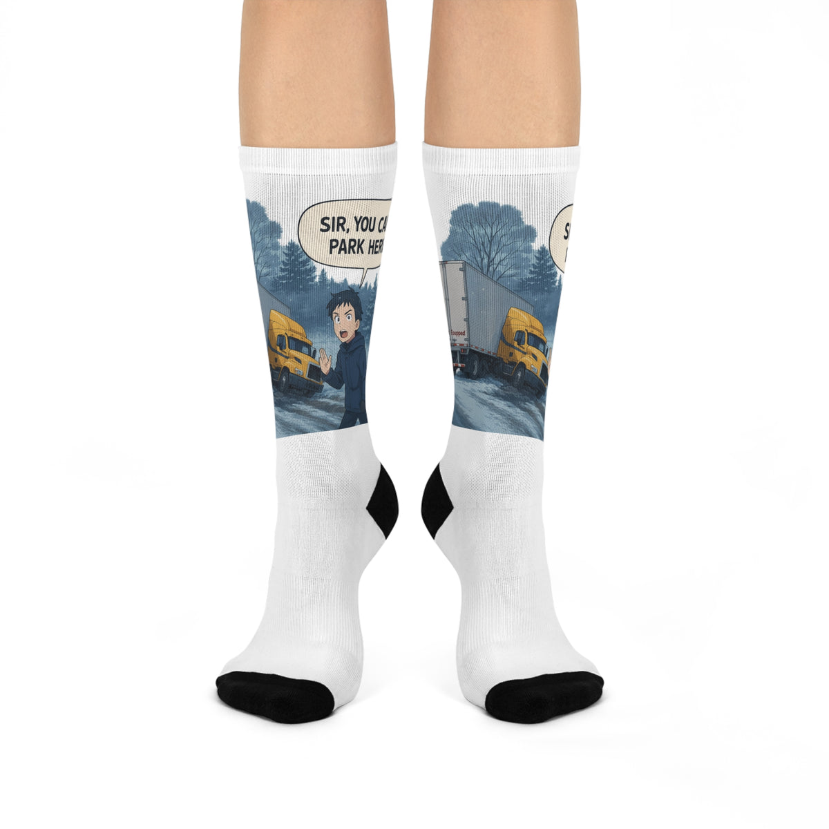 White all-over print crew socks featuring humorous "Sir, You Can't Park Here!" slogan, perfect quirky gift for truck drivers.
