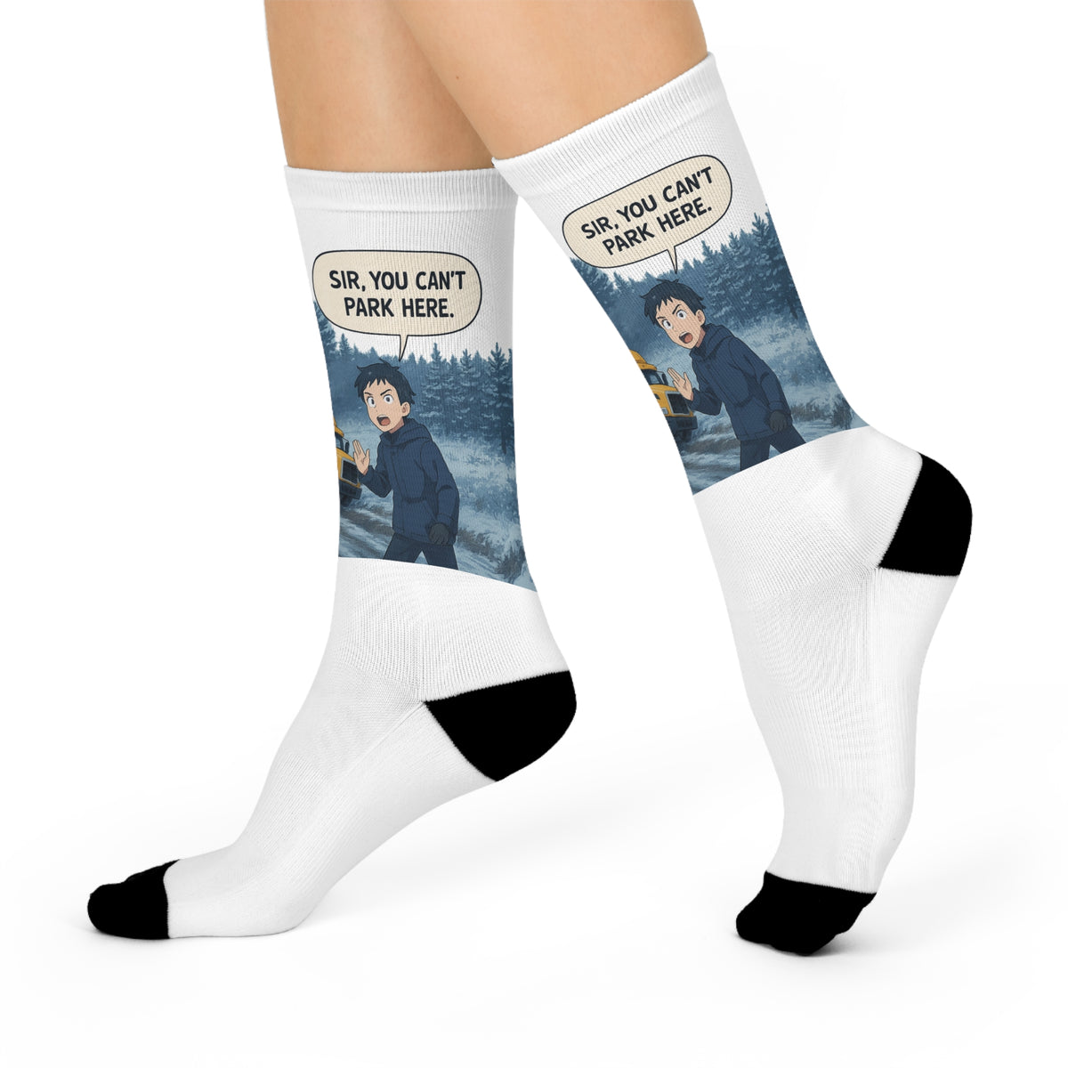 White all-over print crew socks featuring humorous "Sir, You Can't Park Here!" design, ideal quirky gift for truck drivers.