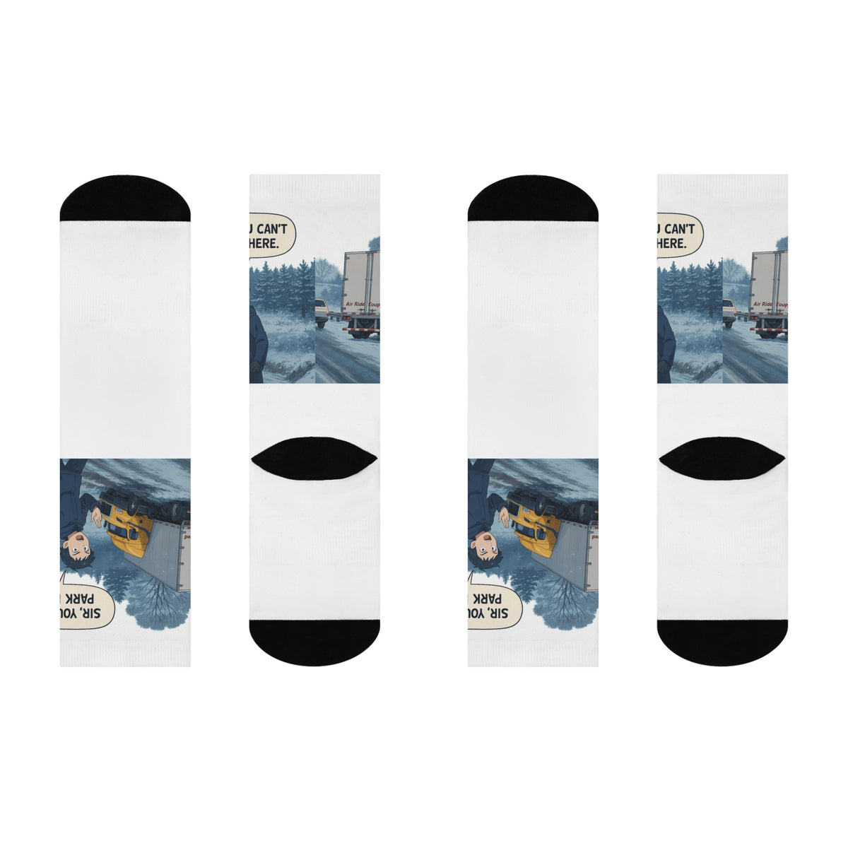 White all-over print crew socks featuring humorous "Sir, You Can't Park Here!" design for truck drivers by Printify.