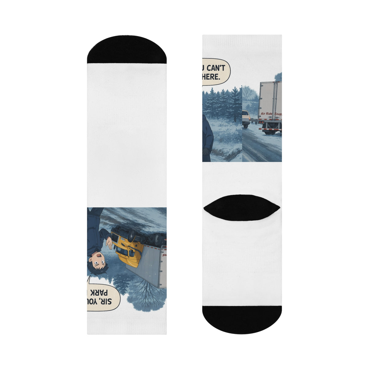 White all-over print crew socks featuring humorous "Sir, You Can't Park Here!" design, ideal quirky gift for truck drivers.