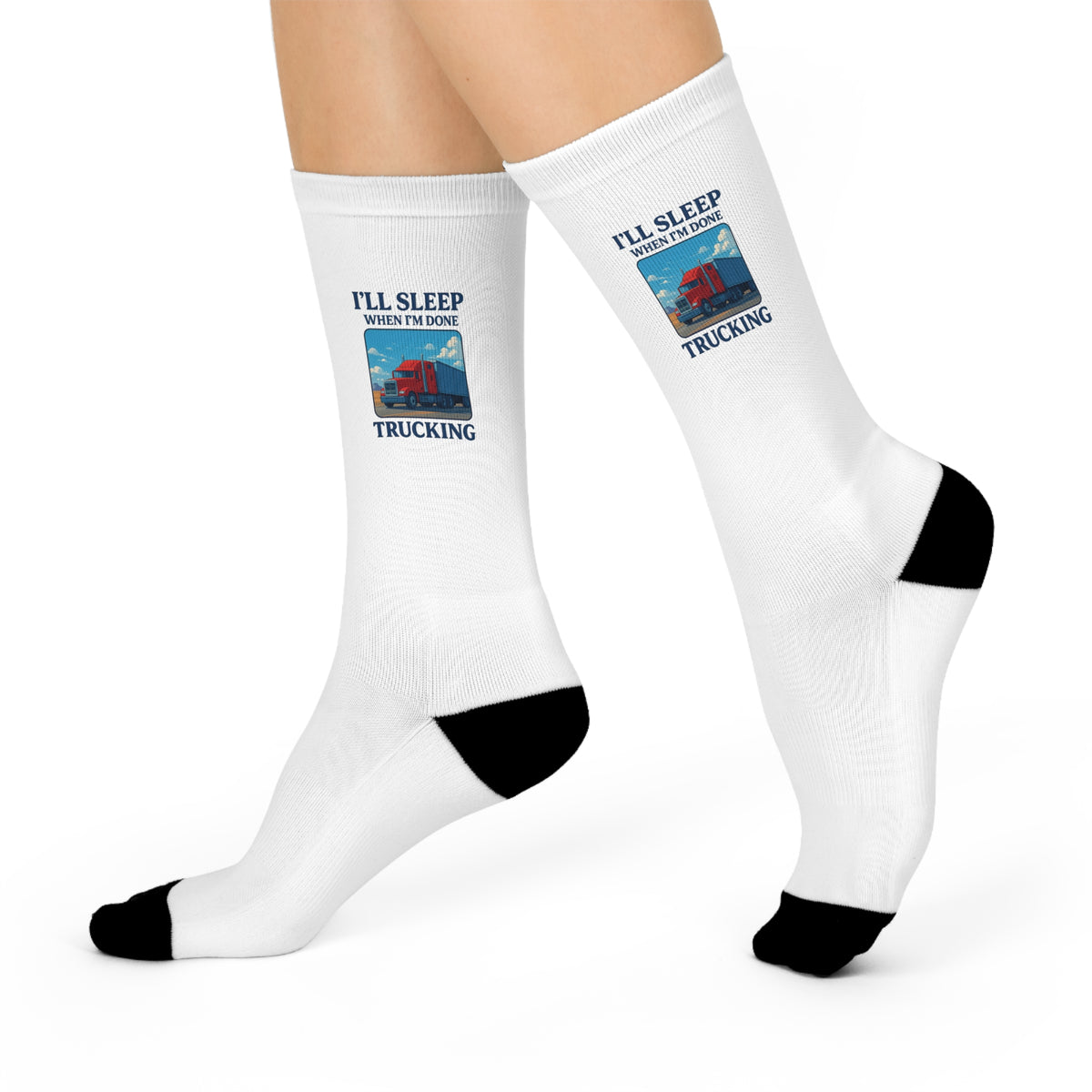 Funny trucking crew socks with all-over print featuring humorous design, white crew length socks by Printify