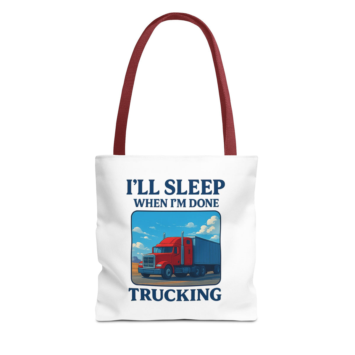 Black Truck Driver Tote Bag with "I'll Sleep When I'm Done" print, perfect gift for truckers, durable fabric and spacious design.