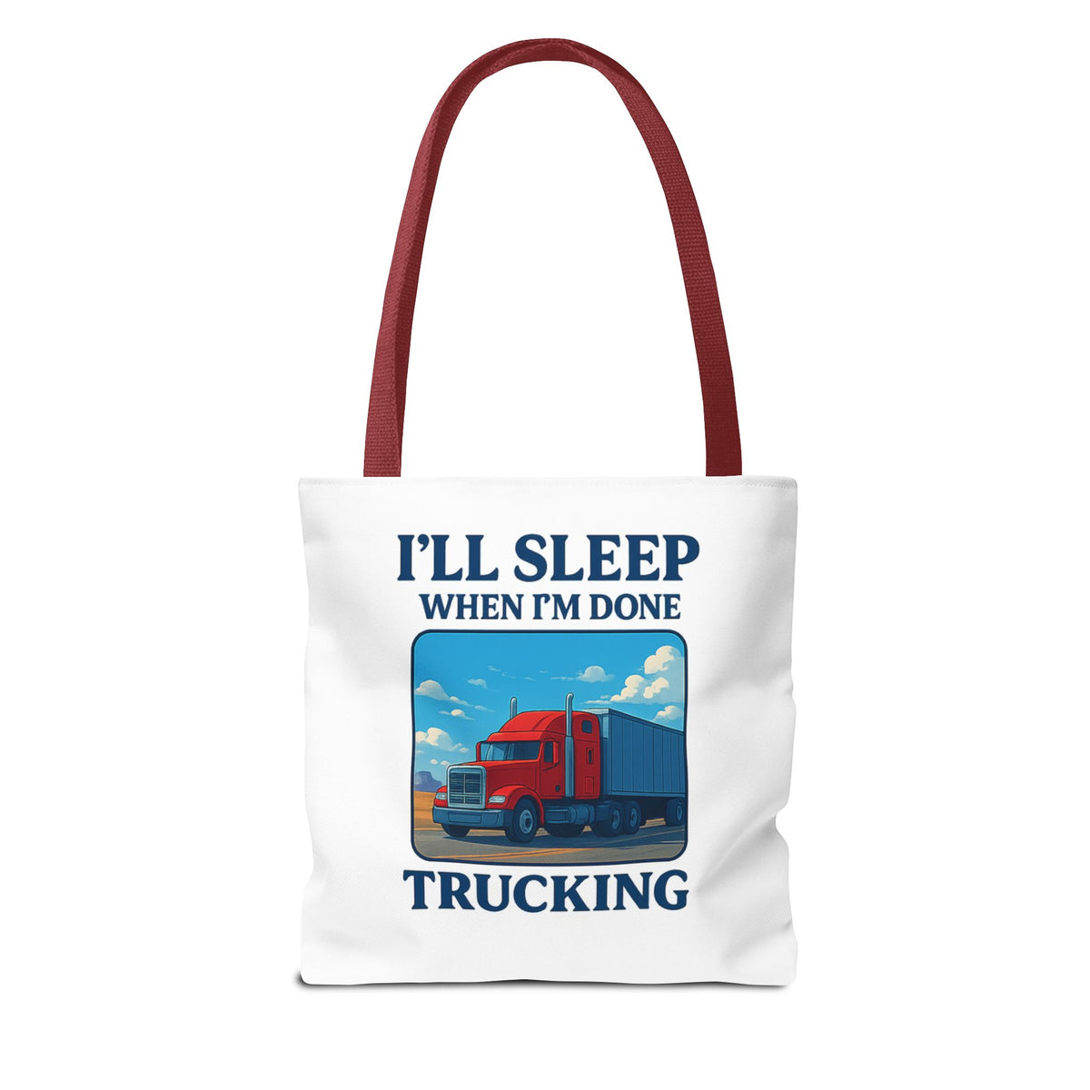 Black truck driver tote bag with "I'll Sleep When I'm Done" slogan, made by Printify, ideal for truckers.