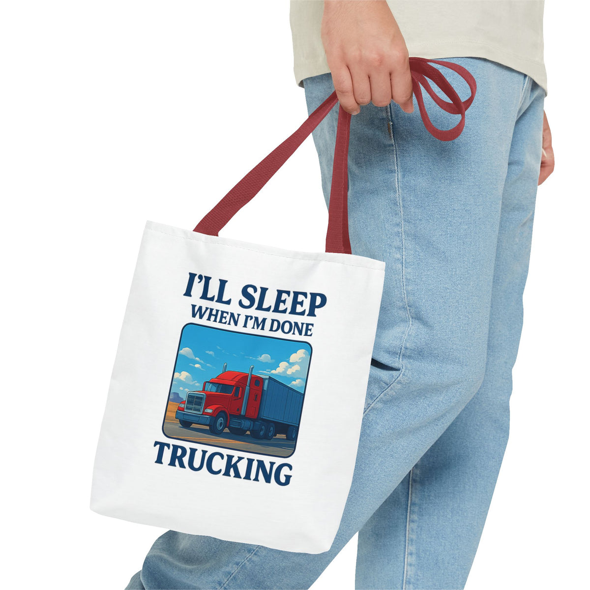 Black truck driver tote bag with "I'll Sleep When I'm Done" slogan, designed by Printify, perfect for truckers.