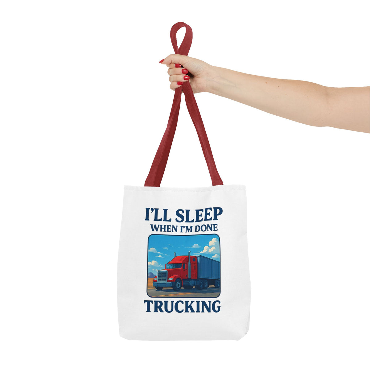 Black Printify truck driver tote bag with "I'll Sleep When I'm Done" slogan, featuring sturdy handles and spacious design.